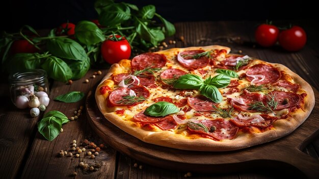 Pizza con salame basilico e pomodoro