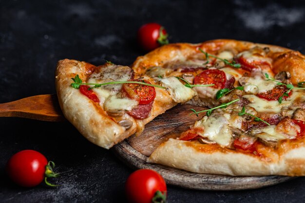 Pizza con salame e funghi su sfondo scuro