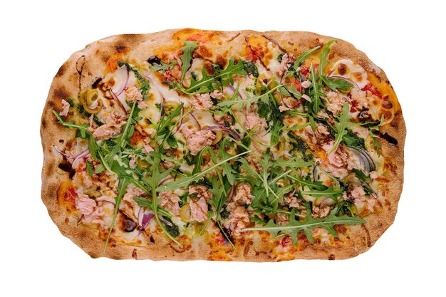 Pizza con tonno olive e rucola fresca