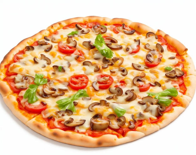 Pizza con topping di funghi su sfondo bianco