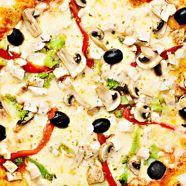 Pizza con Verdure. Formaggio, Broccoli, Pepe, Funghi e Olive. Sfondo di cibo
