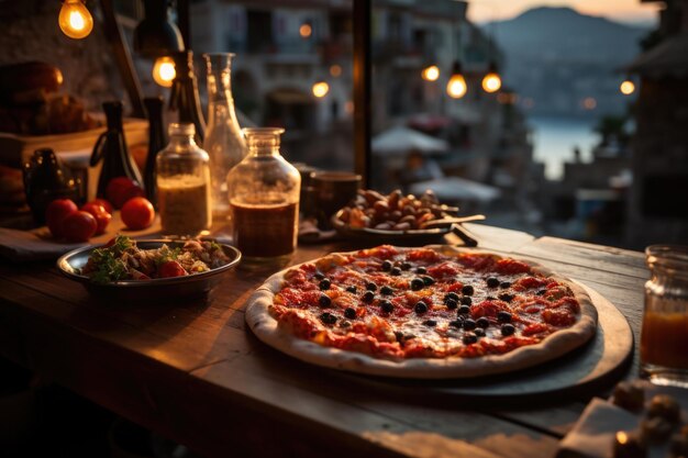 Pizza de Pepperoni in una pizzeria sul mare a Positano con case colorate sul pendio generativo IA