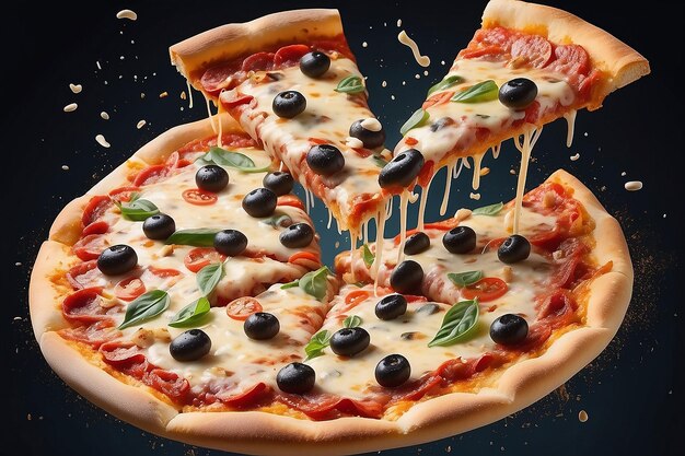 Pizza deliziosa che galleggia nell'aria generativa ai