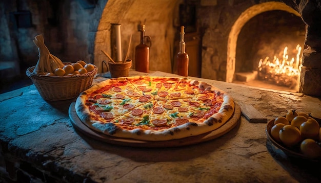 Pizza deliziosamente cotta appena sfornata in un grande forno per pizza in pietra Generative AI