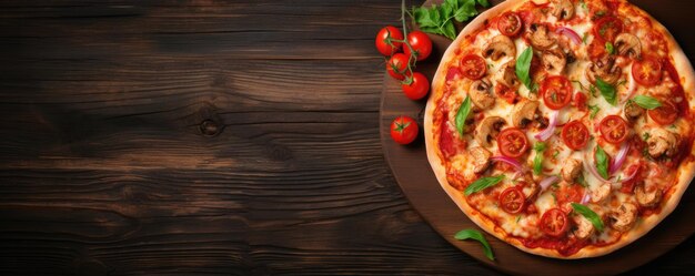 Pizza di frutti di mare con salsa di pomodoro su tavolo di legno Generativo ai