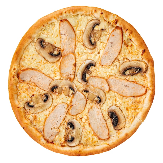 Pizza di pollo isolata con funghi