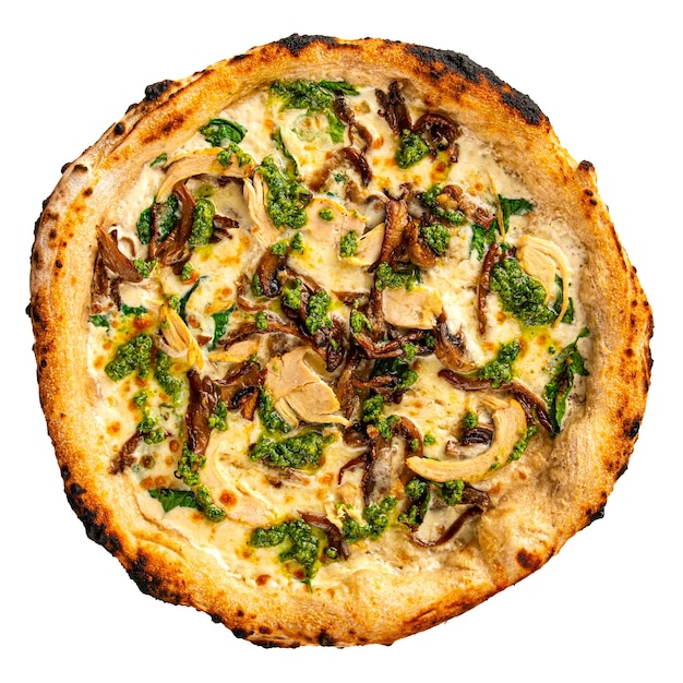 Pizza di pollo isolata con funghi