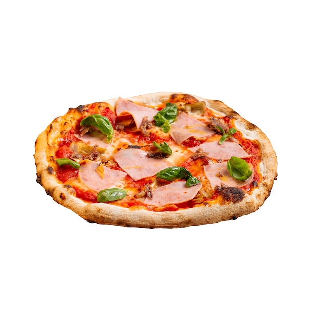 Pizza di prosciutto isolata con pomodoro e basilico