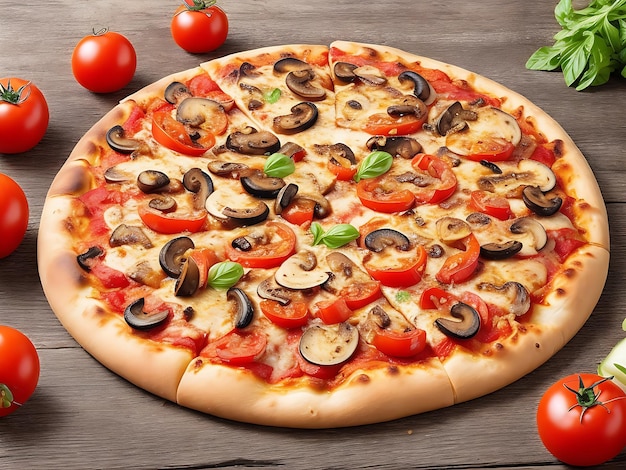 Pizza di verdure, funghi e pomodori su sfondo di legno nero