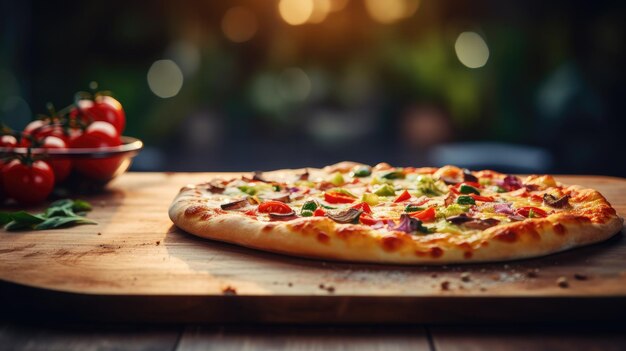 Pizza di verdure su una tavola di legno con un piatto di pomodoro