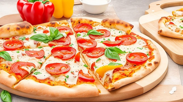 Pizza di vista laterale con le fette di peperone dolce e fette della pizza e farina in pentole a bordo