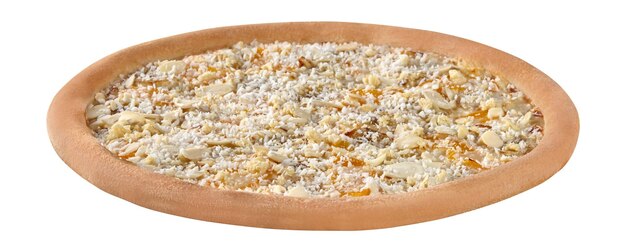 Pizza dolce con scaglie di cocco pesca banana latte condensato e scaglie di mandorle