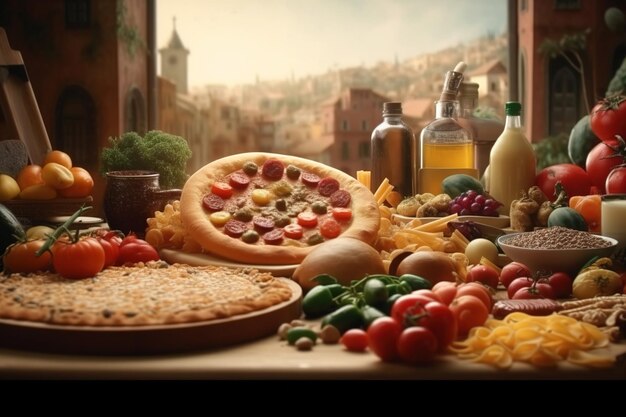 Pizza e una serie di prodotti in tavola 16 ottobre Giornata mondiale dell'alimentazione Generazione AI