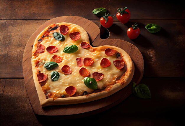 Pizza fatta in casa su tavola di legno Pizza a forma di cuore Celebrazione del giorno di San Valentino 39 Ai generativa
