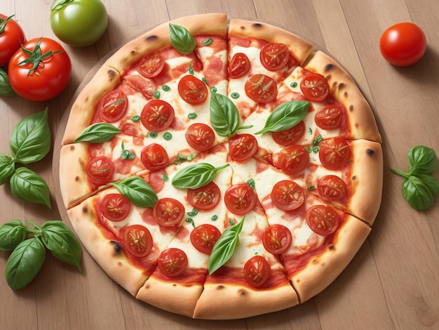 Pizza fresca e gustosa Margarita e pomodori su fondo di legno