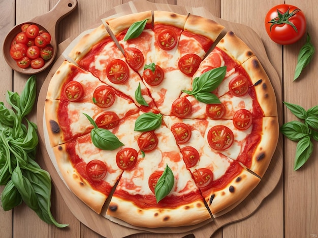 Pizza fresca e gustosa Margarita e pomodori su sfondo di legno