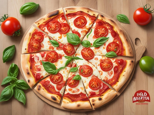 Pizza fresca e gustosa Margarita e pomodori su sfondo di legno