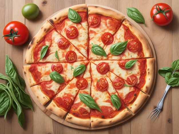 Pizza fresca e gustosa Margarita e pomodori su sfondo di legno