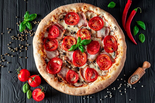 Pizza gustosa e grande con diversi tipi di carne