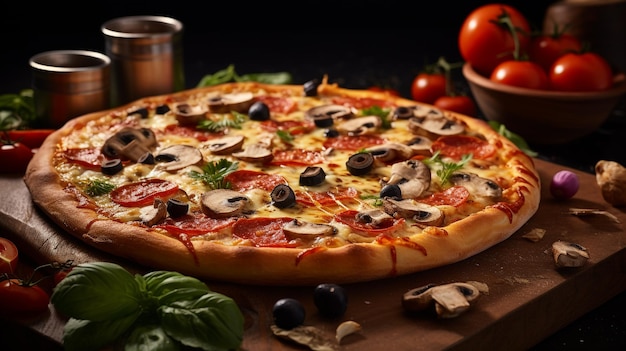 Pizza italiana calda con salumi, carne, formaggio, pomodori verdi su uno sfondo scuro generato dall'intelligenza artificiale