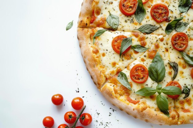 Pizza italiana con pomodori ciliegino e basilico verde su sfondo bianco