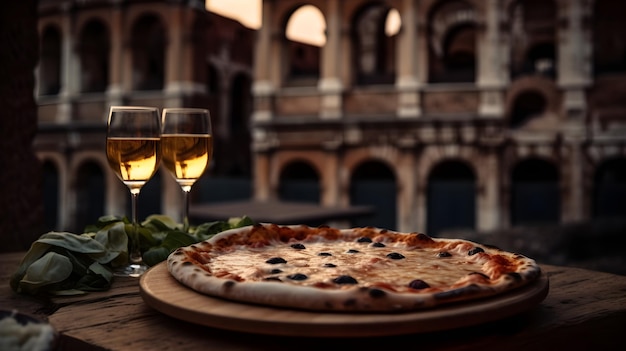 Pizza italiana con vino bianco