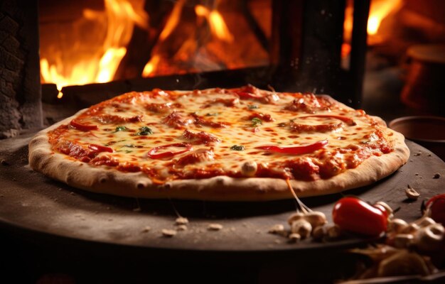 Pizza italiana cotta nel forno a pietra concetto di cibo e consegna