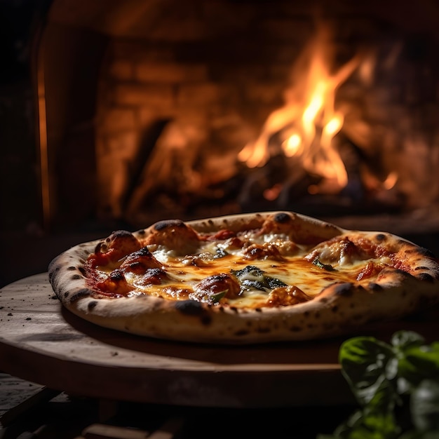 Pizza italiana davanti a un forno in mattoni