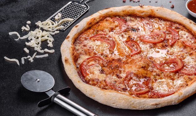 Pizza italiana deliziosa fresca con funghi e pomodori su uno sfondo di cemento scuro. cucina italiana