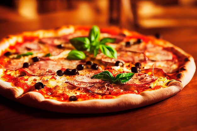 Pizza italiana fatta in casa fresca ast cibo italiano tradizionale su tavola di legno classico in vista laterale