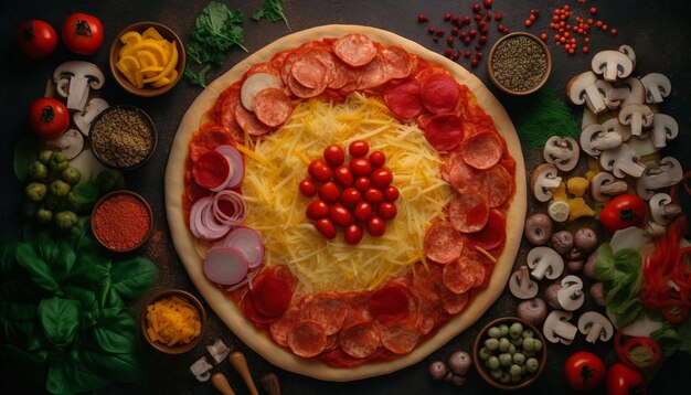 Pizza italiana gourmet con salami freschi di mozzarella e fette di pepperoni generate dall'intelligenza artificiale