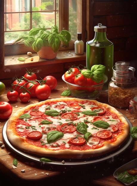 Pizza italiana gustosa con pomodori mozzarella basilico olive cucina mediterranea