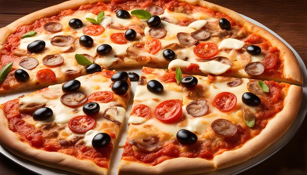 pizza italiana recentemente tagliata con mozzarella cheddar