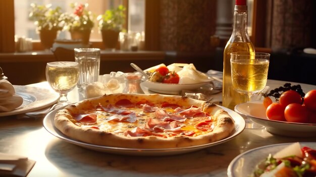Pizza italiana tradizionale con pomodoro prosciutto formaggio mozzarella concetto di cucina del ristorante AI generato