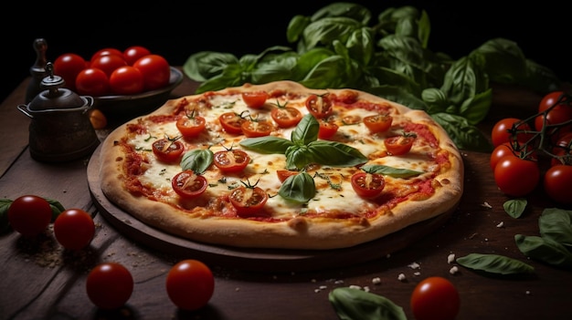 Pizza italiana vegetariana perfetta con formaggio fuso e pomodoro rosso