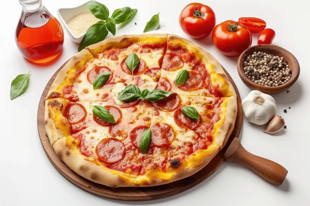 pizza margherita con una serie di ingredienti su uno sfondo bianco isolato