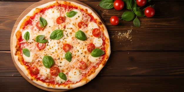 Pizza Margherita su sfondo in legno con spazio per la copia Vista dall'alto disposizione piatta IA generativa