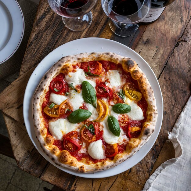 Pizza napoletana appena cotta con mozzarella e basilico fresco su un tavolo di legno servita con vino