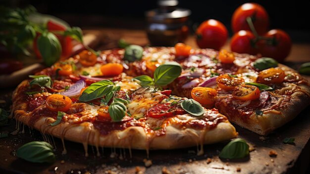 pizza piena di verdure e carne su un tavolo di legno con sfocatura sullo sfondo