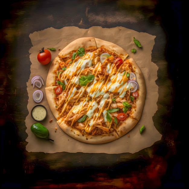 Pizza pita con shawarma di pollo speziato e condimenti