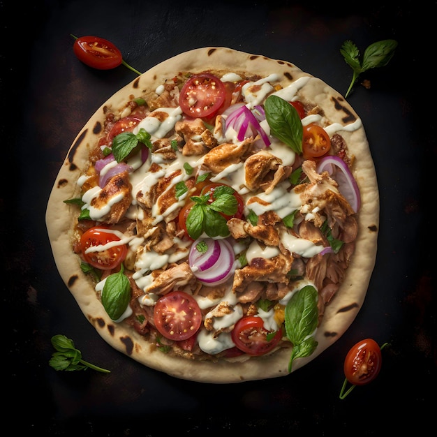 Pizza pita con shawarma di pollo speziato e condimenti