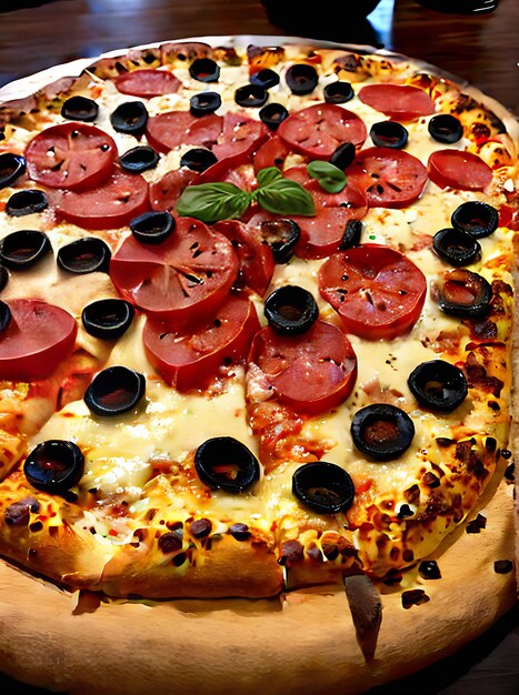 Pizza realistica colori neutri illuminazione calda dettagli intricati atmosfera accogliente ristorante nessuna gente primo piano estremo generativo AI generato