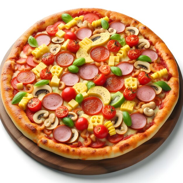 Pizza riempita di pomodori, salami e olive.