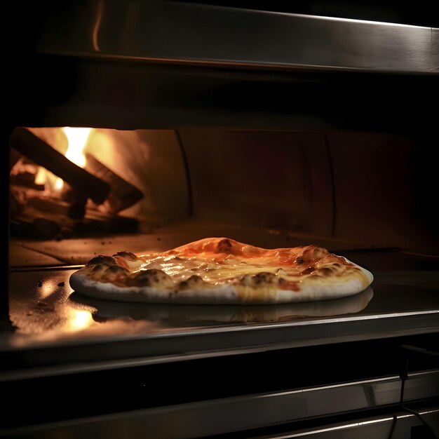 Pizza rotonda con formaggio basilico pomodori spezie Vista laterale Il forno con il fuoco sullo sfondo