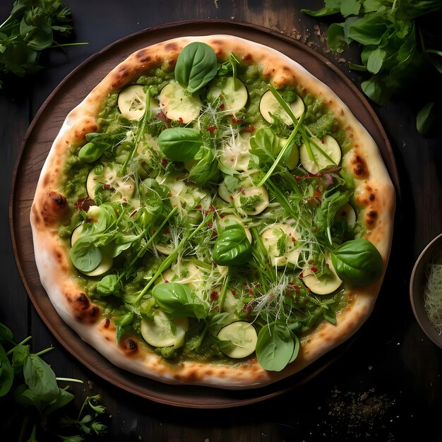 Pizza rotonda con formaggio prosciutto salame basilico cetriolo spezieDecorazioni di verdure e spezie tutt'intorno Vista dall'alto