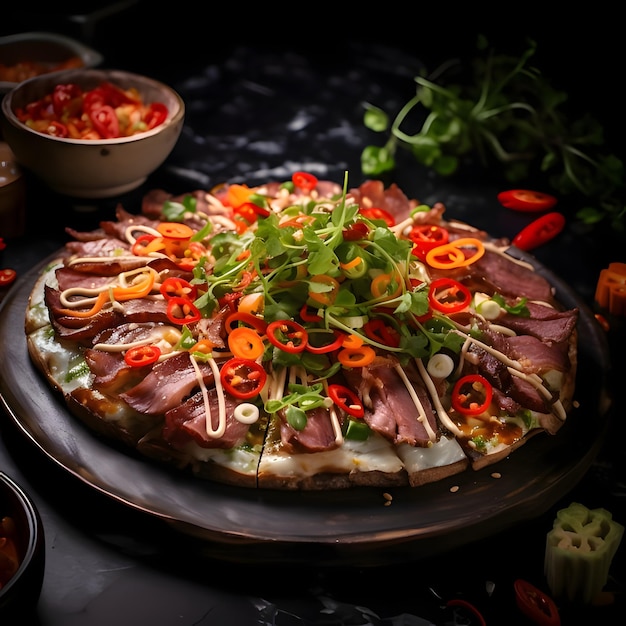 Pizza rotonda con formaggio prosciutto salame basilico pomodori spezie su un piatto Decorazioni di verdure e spezie tutt'intorno Vista laterale