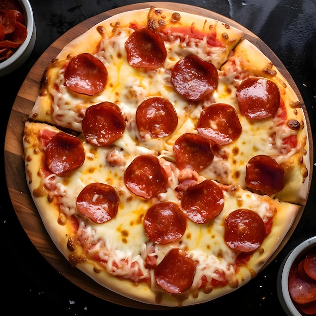 Pizza rotonda con formaggio, prosciutto, salame, spezie su una tavola da cucina in legno Decorazioni di verdure e spezie tutt'intorno Vista dall'alto