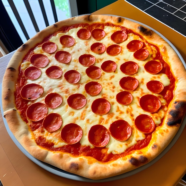 Pizza rotonda con spezie di salame e formaggio su un piatto Vista laterale