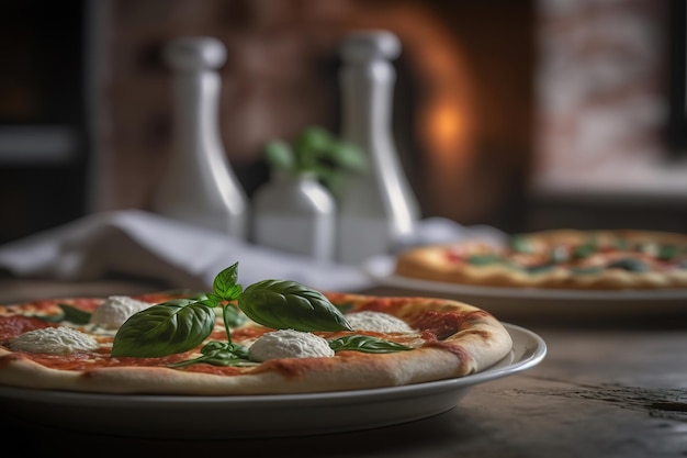 Pizza rotonda su un piatto su un tavolo in una casa