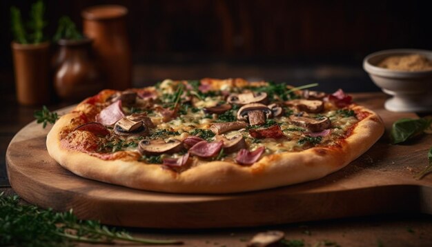 Pizza rustica fatta in casa con salsa di pomodoro mozzarella fresca e erbe generate dall'intelligenza artificiale